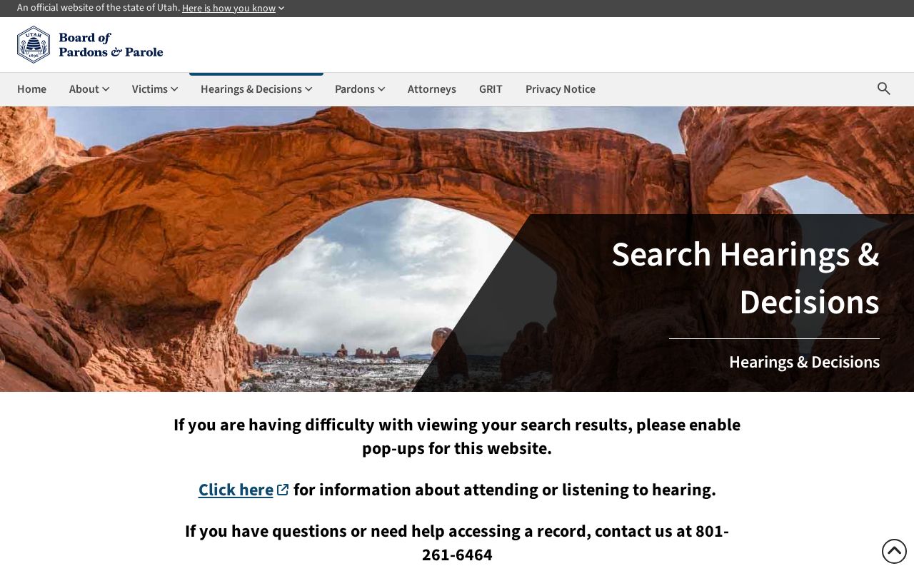 Utah Board search fields for Emery County parole decisions